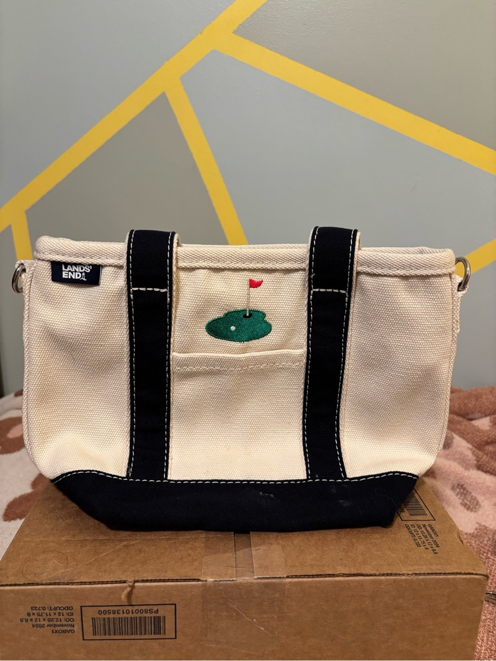 Lands' End Cream Canvas Mini Tote with Navy Trim & Green Golf Embroidery